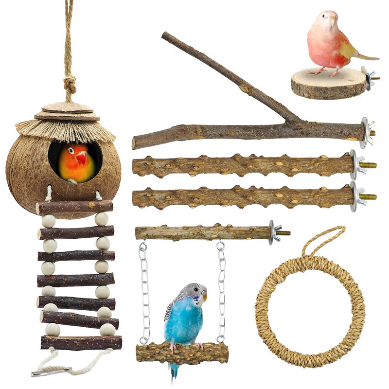7PCS Bird Perches, Coconut Nest Hut with Ladder, Bird Swing and Stand for Small and Medium-Sized Parakeets, Conures and Budgies, Parrot Cockatiels Budgie Conure Finches Lovebirds Apple wood +Pepperwood - PawsPlanet Australia
