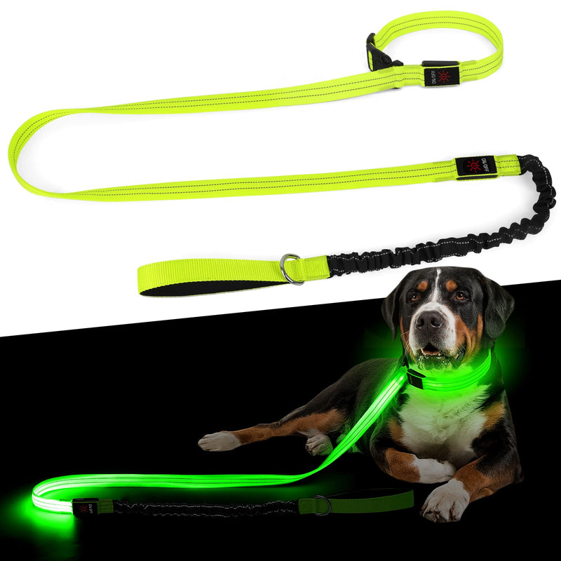 Light up Dog Collar & Lesh Set - Flashing Dog Leash Set Glow in The Dark Dog Collars for Medium Dogs with Elastic Cord 5.4-6.6FT L Vitality Green - PawsPlanet Australia