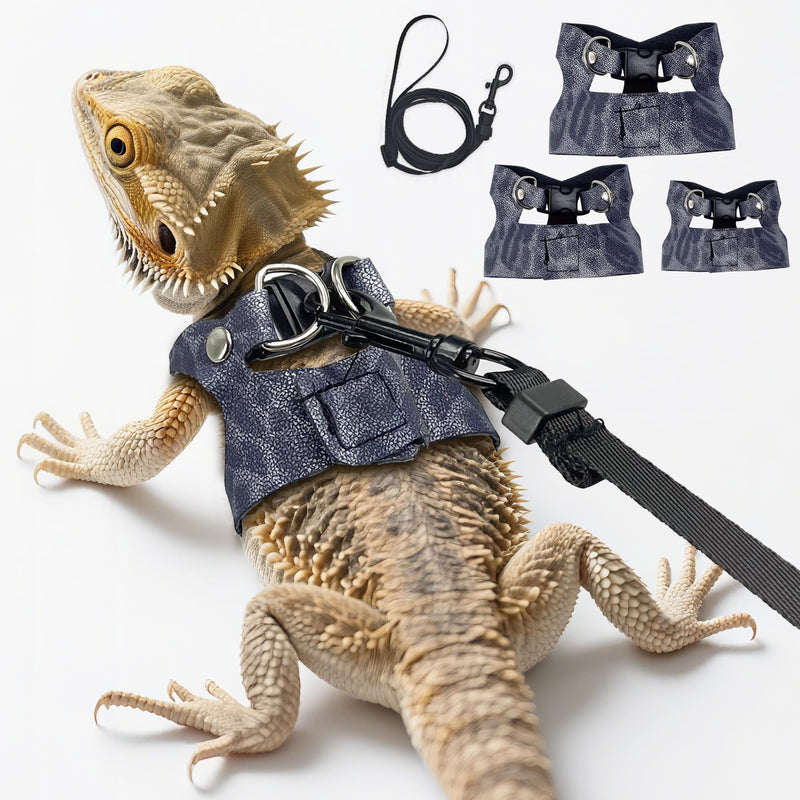 AIITLE 3 Pack Adjustable Bearded Dragon Harness and Leash Set - Leopard Print, Comfort Soft Leather Vest for Lizards, Iguanas, Guinea Pigs, Outdoor Camping & Walking, Blue - PawsPlanet Australia