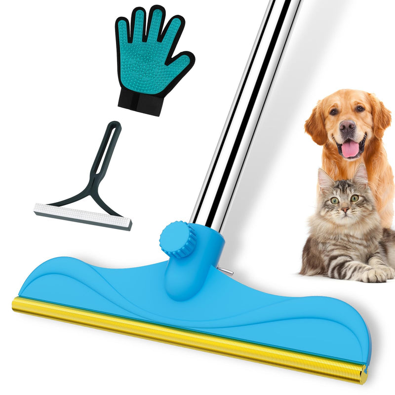 3 in 1 Carpet Rake for Pet Hair Removal, 60” Adjustable Long Handle Pet Hair Remover, Tool Set of 3, Reusable Carpet Scraper Dog Cat Pet Hair Removal Broom for Carpets, Car Mat, Pet Bed, Rugs 60inch Deepblue - PawsPlanet Australia