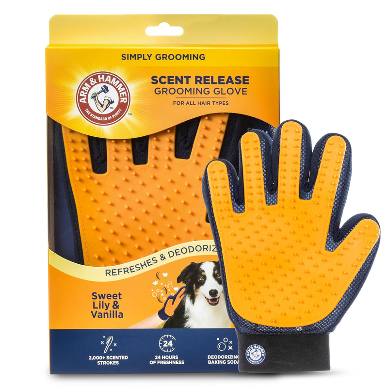 Arm & Hammer “Simply Calm” Dog Grooming Deodorizing Glove with Fragrance Transfer Technology –Scented Silicone Hand Brush for Bathing & Shedding, Sweet Lily & Vanilla Scent Navy & Yellow Grooming Pet Glove - Sweet Lily & Vanilla - PawsPlanet Australia