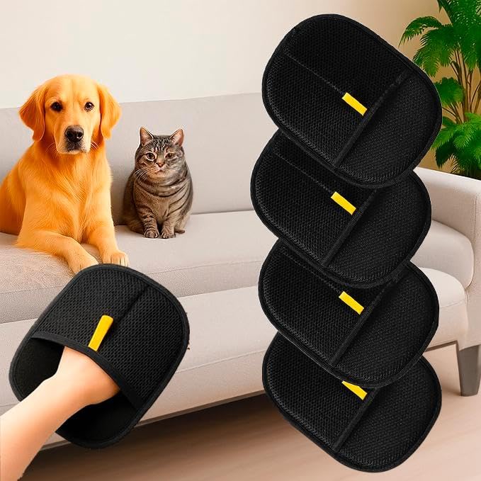 4 PCS Upgraded Electrostatic Pet Hair Removal Glove - Reusable, Washable Mitt for Furniture, Carpet, Car Seat & Clothing - Efficient Cat & Dog Hair Remover, Black