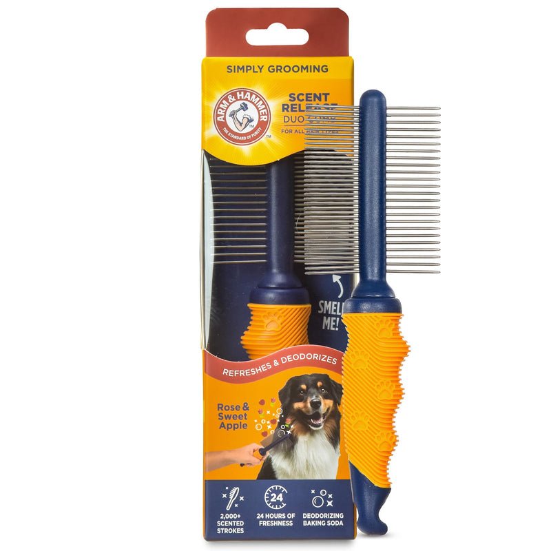 Arm & Hammer “Simply Glam” Dog Grooming Pin Deodorizing Comb with Fragrance Transfer Technology – Scented Dog Comb for Detangling & Shedding, Sweet Apple & Rose Scent Navy & Yellow Dog Comb - Sweet Apple & Rose - PawsPlanet Australia