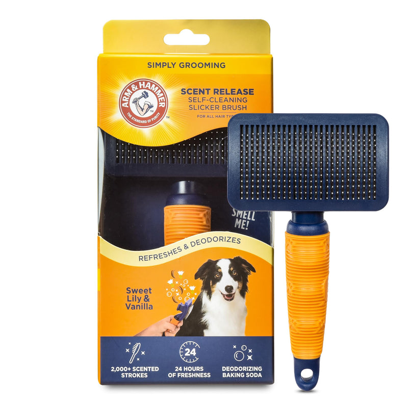 Arm & Hammer “Simply Calm” Dog Grooming Slicker Deodorizing Brush with Fragrance Transfer Technology – Scented Self-cleaning for Shedding, Scented for Dogs with Sweet Lily & Vanilla Scent Navy & Yellow Slicker Brush - Sweet Lily & Vanilla - PawsPlanet Australia