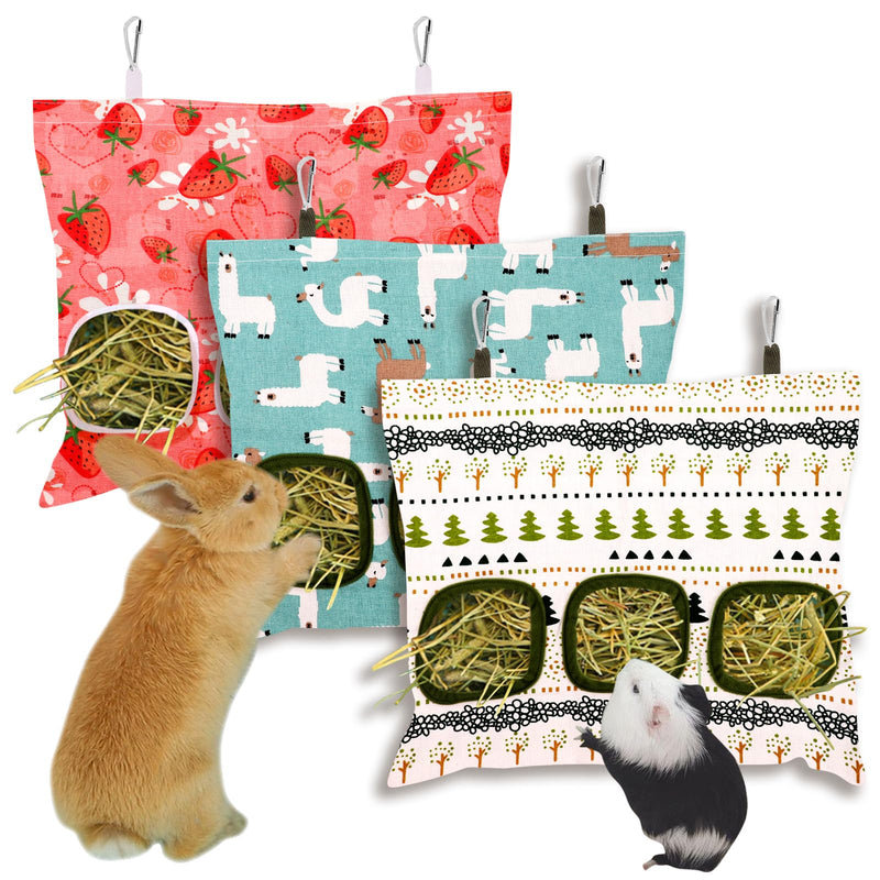 3 Pcs 13.78"×11" Hay Bag for Rabbits, 3-Hole Hanging Washable Cotton Canvas Guinea Pig Hay Bag - PawsPlanet Australia