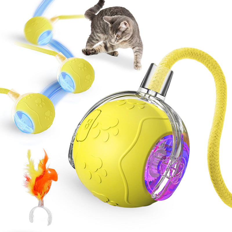 Interactive Cat Toys for Indoor,Automatic Moving Electric Rolling Pet Ball,Smart Teasing Toy for Kitty,3 Modes and USB Rechargeable,Tail 2.0 Cat Feather Toy Yellow - PawsPlanet Australia