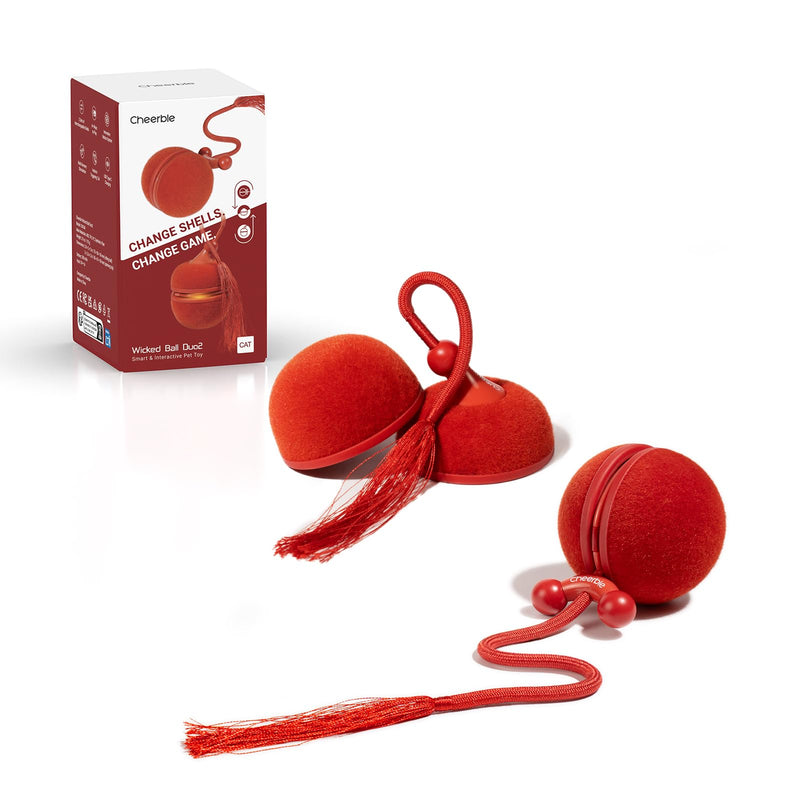 Cheerble Interactive Cat Toys for Indoor Cats - Wicked Ball Duo 2 Automatic Cat Toy with Dual Interchangeable Shells, Electronic Pet Toy with Bird Chirping Sounds, Rolling Cat Toy for Kittens, Red - PawsPlanet Australia
