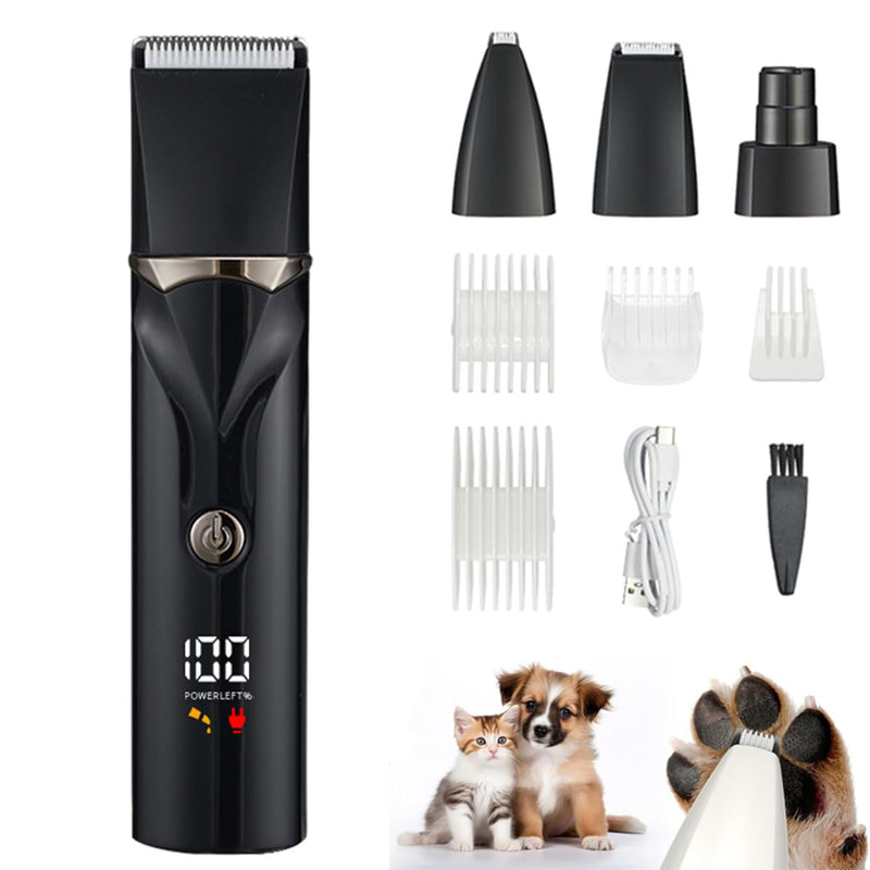 Dog Grooming Kit with LCD Display, 4 in 1 Dog Hair Trimmer for Paw Nail Grinder, Rechargeable Cordless Pet Cat Clippers, Professional Pet Paw Trimmer Nail Grinder Low Noise. Black - PawsPlanet Australia