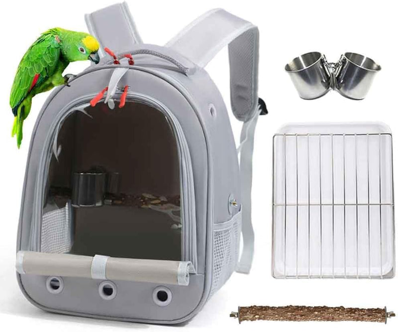 Bird Traval Carrier Cage, Multi Vent Holes Clear Space Capsule Astronaut Backpack to Carry Parakeet Cockatiel Parrot with Metal Tray Wood Perch, Vet Transport Book Bag (Grey) Grey - PawsPlanet Australia