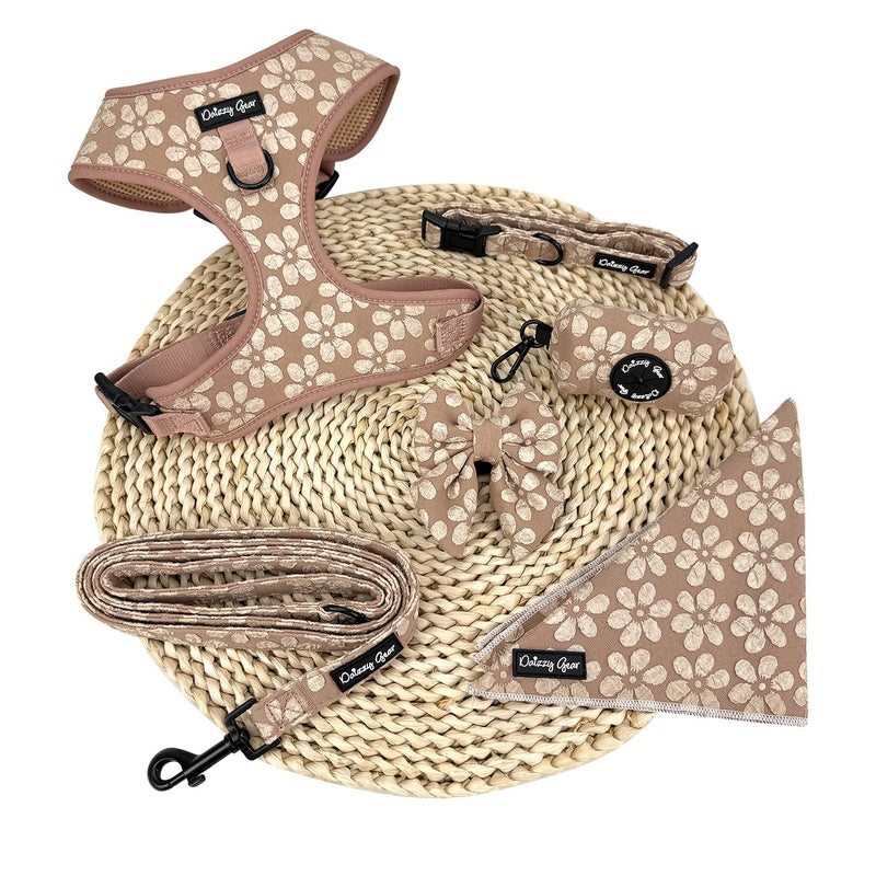 Cute Large Dog Harness Set – No Pull, All Weather, Breathable Harness and Leash Set with Collar, Bandana, Sailor Bow & Poop Bag Holder – Adjustable, Soft & Stylish – Cocoa Bloom on Jacquard Fabric - PawsPlanet Australia