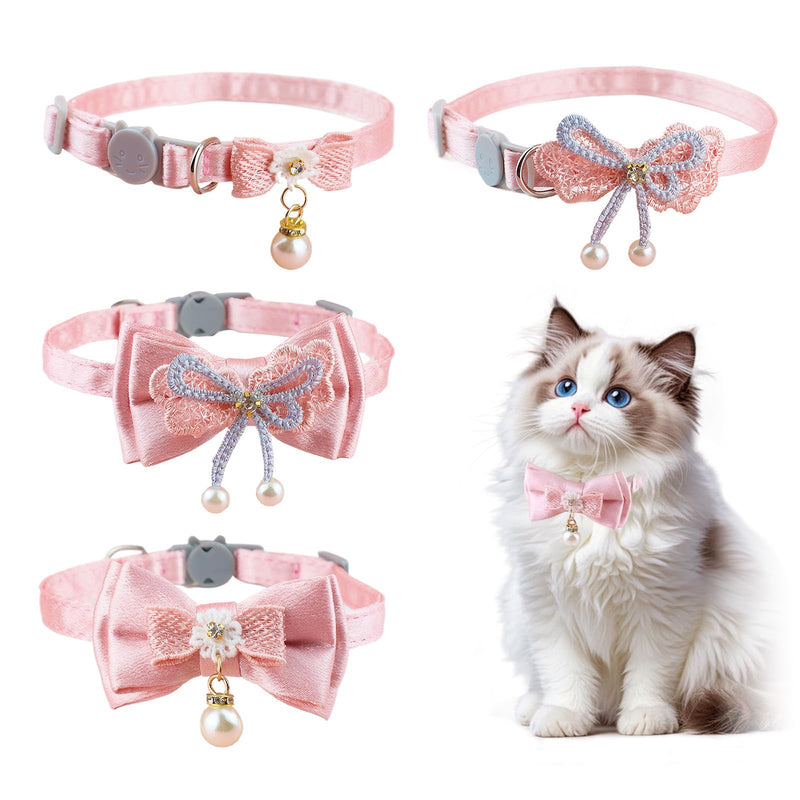 4 PCS Cute Pearl Cat Collar Breakaway, Adjustable Pink Bow Girl Kitten Collar - PawsPlanet Australia