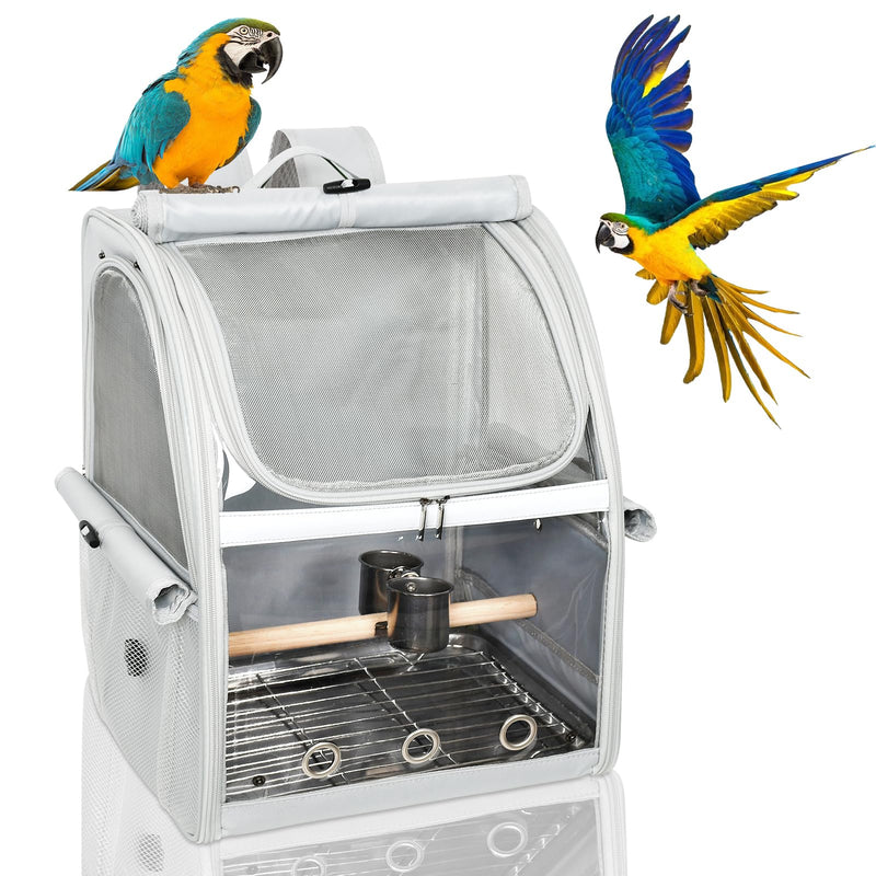 Bird Carrier Bag, Bird Travel Cage with Standing Perch and Indestructible Stainless Steel Mesh, Protable Transparent Breathable Carrier with Feeder Cups for Small Birds Parrot Parakeet, Grey L Gray