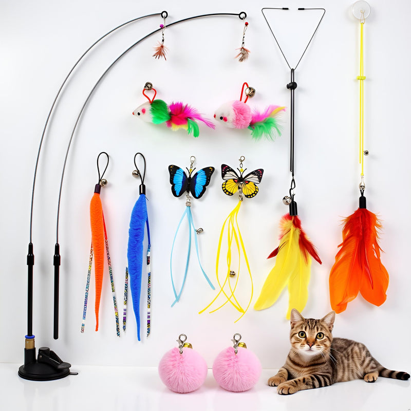 Interactive Cat Toys: 4 Ways to Play Indoor Kitten Wand with Suction Cup, Removable 12Pcs Replacements (Feathers, Mice, Butterflies, Caterpillars, Flies, Fur Balls) – Detachable Design - PawsPlanet Australia