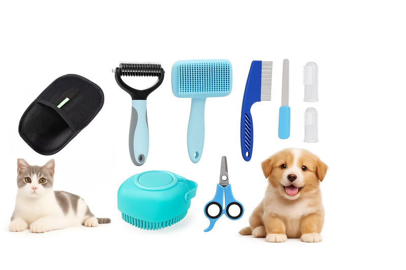9-in-1 Pet Grooming Kit, Self-Cleaning Slicker Brush, Deshedding Rake, Lint Remover, Nail Clipper & More, Complete Cats & Dog Care Set. - PawsPlanet Australia
