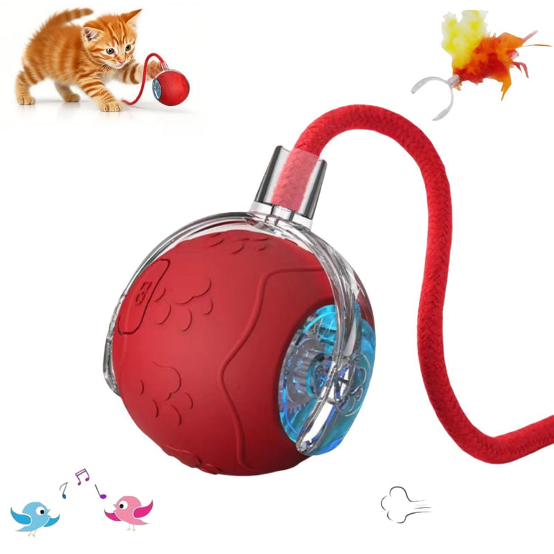 2025 New Interactive Cat Toy Ball for Indoor Cats Dog, Smart 360° Automatic Rolling Pet Ball Kitten Toys with Replace Feather , 3.0 Tail Electric Cat's Toys with LED Light Three Modes Adjustment Red - PawsPlanet Australia