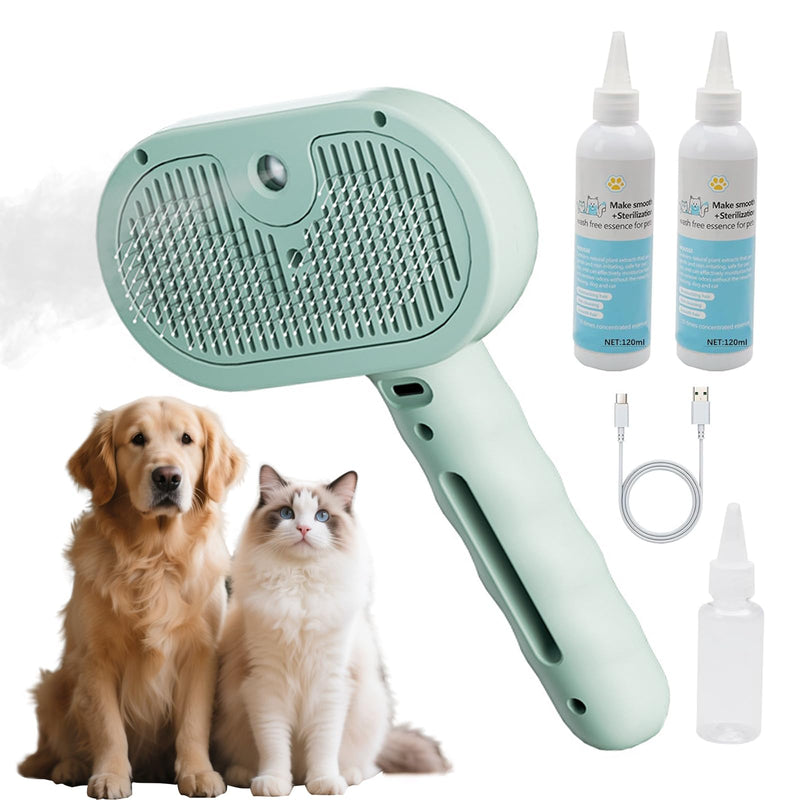 Pet Steam Brush for Dogs & Cats - 2-in-1 Deshedding & Detangling Tool with Steam Spray, Anti-Static Grooming Brush for Long/Short Haired Pets, Waterless Cleaning & Massage(Green) Green - PawsPlanet Australia