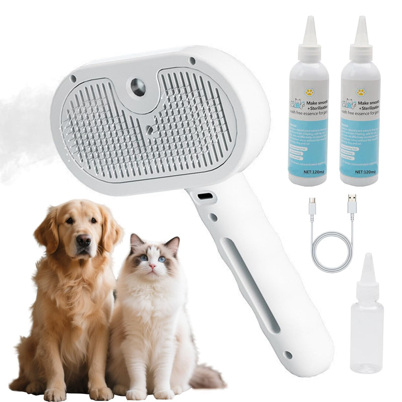 Pet Steam Brush for Dogs & Cats - 2-in-1 Deshedding & Detangling Tool with Steam Spray, Anti-Static Grooming Brush for Long/Short Haired Pets, Waterless Cleaning & Massage(White) White - PawsPlanet Australia