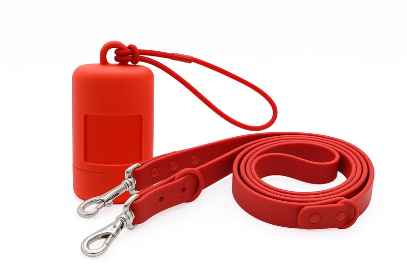Dog Leash and Waste Bag Holder Set – Waterproof, Durable & Odor-Resistant – 2-Piece Walking Kit for Dogs – Comfortable Grip Lead + Dispenser with Clip – Ideal for Daily Walks & Travel Red - PawsPlanet Australia