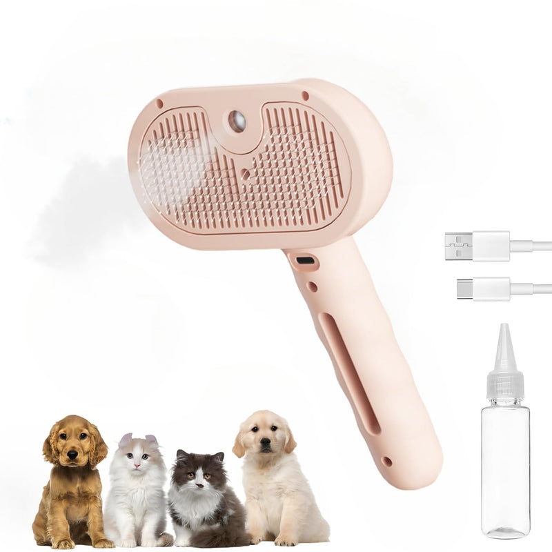 Pet Steam Brush for Cats and Dogs, 3 In 1 Steamy Cat Brush with Release Button and Tank, Anti-Static Pet Spray Hair Removal Comb, Rechargeable Dog Steam Comb for Furry (Pink) Pink