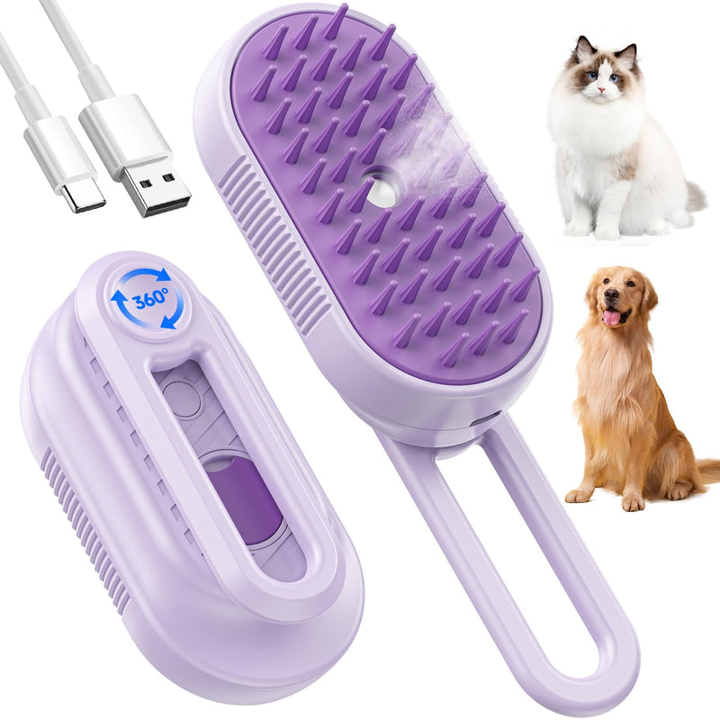 Cat Steam Brush for Shedding, 4 in 1 Brushs with Foldable Handle, Steam Brushs for Cats, Spritz Defur Comb for Cats, Water Brush for Cat, Pet Spray Hair Removal Comb purple