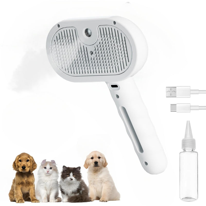 Pet Steam Brush for Cats and Dogs, 3 In 1 Steamy Cat Brush with Release Button and Tank, Anti-Static Pet Spray Hair Removal Comb, Rechargeable Dog Steam Comb for Furry (White) White - PawsPlanet Australia