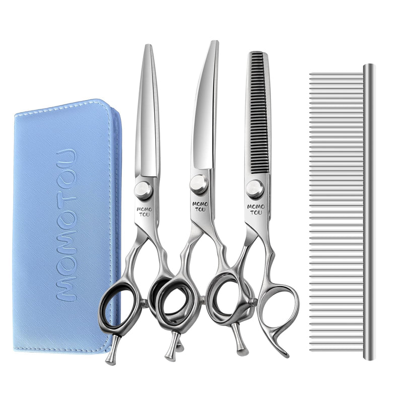 Dog Grooming Scissors Set 3 in 1 with Straight, Curved, Thinning Scissors and Comb Stainless Steel Dog Shears for Grooming Pets and Cats,Sharp and Durable - PawsPlanet Australia