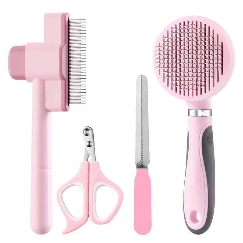 Cat Grooming Kit, 4-in-1 Cat Grooming Tools with Cats Brush, Flea Comb, Nail Clipper & Trimmer - Deshedding & Dematting for Pets Hair and Paws, Pet Shedding Set for Indoor Dogs & Cats (Pink) Pink - PawsPlanet Australia
