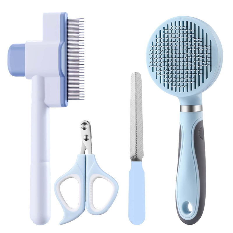 Cat Grooming Kit, 4-in-1 Cat Grooming Tools with Cats Brush, Flea Comb, Nail Clipper & Trimmer - Deshedding & Dematting for Pets Hair and Paws, Pet Shedding Set for Indoor Dogs & Cats (Blue) Blue - PawsPlanet Australia