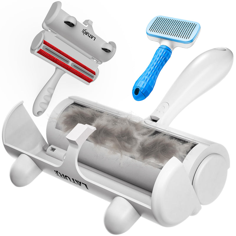 Pet Hair Remover Roller & Self-Cleaning Grooming Brush (2-in-1), Reusable Fur Tool for Dogs Cats Shedding, No Sticky Sheets for Pet Hair Removal on Furniture, Couch, Carpet, Bedding, Car Seats Silver - PawsPlanet Australia