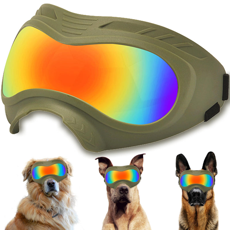 Dog Sunglasses,Doggles Anti-UV Protection, Pet Sunglasses with Adjustable Strap, Suitable for Motorcycle Car Driving Bike Riding Hiking Swimming Wind Dust Fog Dog Eye Protection ArmyGreen frame, Red lenses