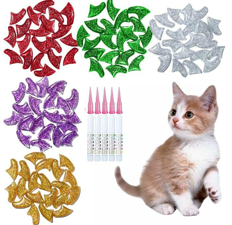 100Pcs Cat Nail Caps, 5 Colors Glitter Kitten Nail Caps with Adhesives and Applicators, Long-Lasting, Kitten Claw Caps for Medium Pets Cats Dogs, Cat Claw Caps for Protect Furniture Avoid Scratching - PawsPlanet Australia