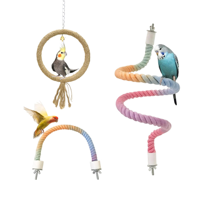 Bird Rope Perch Gradient Bendable 3Pcs Stand Bird Cage Climbing Rope Toys for Cockatiels, Budgies, Lovebirds, Parakeets, Includes a Long, a Short, and a Circular Bird Swing(32'' & 14''& 6.5'') - PawsPlanet Australia