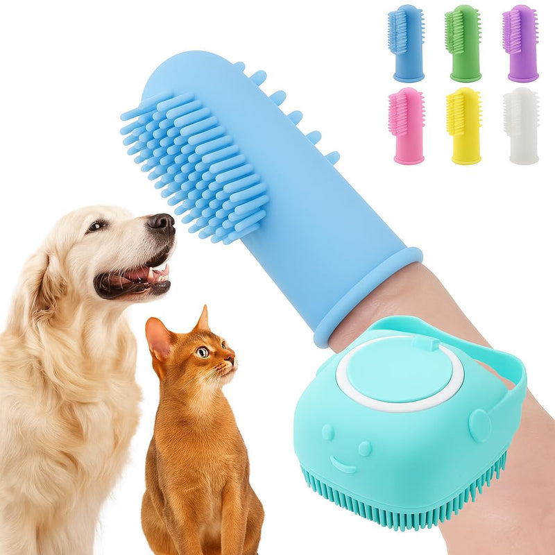 Pet Grooming Kit - 6 Silicone Finger Brush + Bath Brush with Dispenser - For Dogs and Cats - PawsPlanet Australia