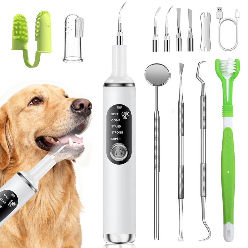 Dog Plaque Remover for Teeth,Pet Ultrasonic Tooth Cleaner with LED Light,Cleaning Kit for Tartar and Stains,5 Adjustable Modes,Pet Teeth Cleaning kit,Suitable for Dogs and Cats (White) White - PawsPlanet Australia