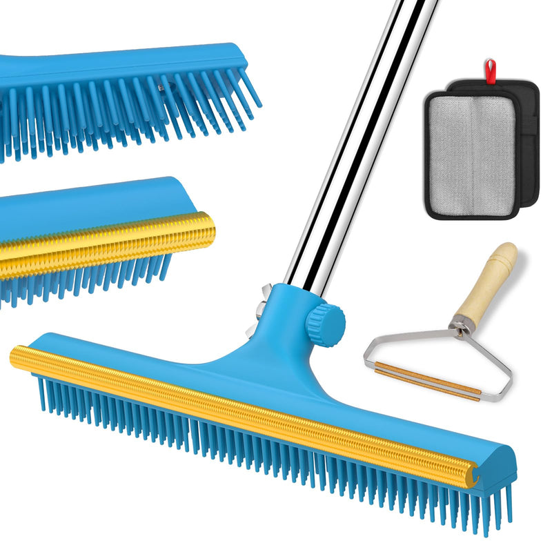 3 in 1 Carpet Rake for Pet Hair Removal, Reusable Pet Hair Remover Broom, 60'' Adjustable Long Handle Dog and Cat Hair Remover Tool Set of 3, Lint Remover Scraper for Carpets, Rugs, Mats, Couch, Car 60inch Blue - PawsPlanet Australia