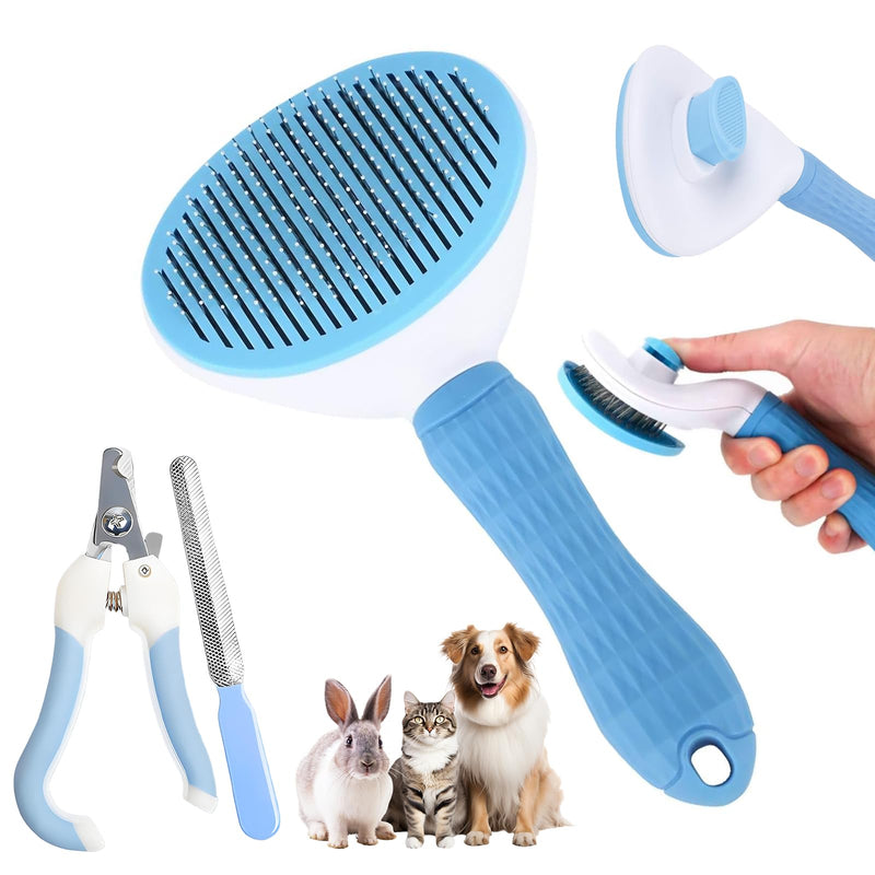Aglads Cat and Dog Brush,Self-Cleaning Slicker Brush for Pet Grooming Includes Blue Fine-Needle Comb, Pet Nail Clipper, File For Daily Home Use Small/Large Dogs, Long/Short-Haired Cats, and Rabbits - PawsPlanet Australia