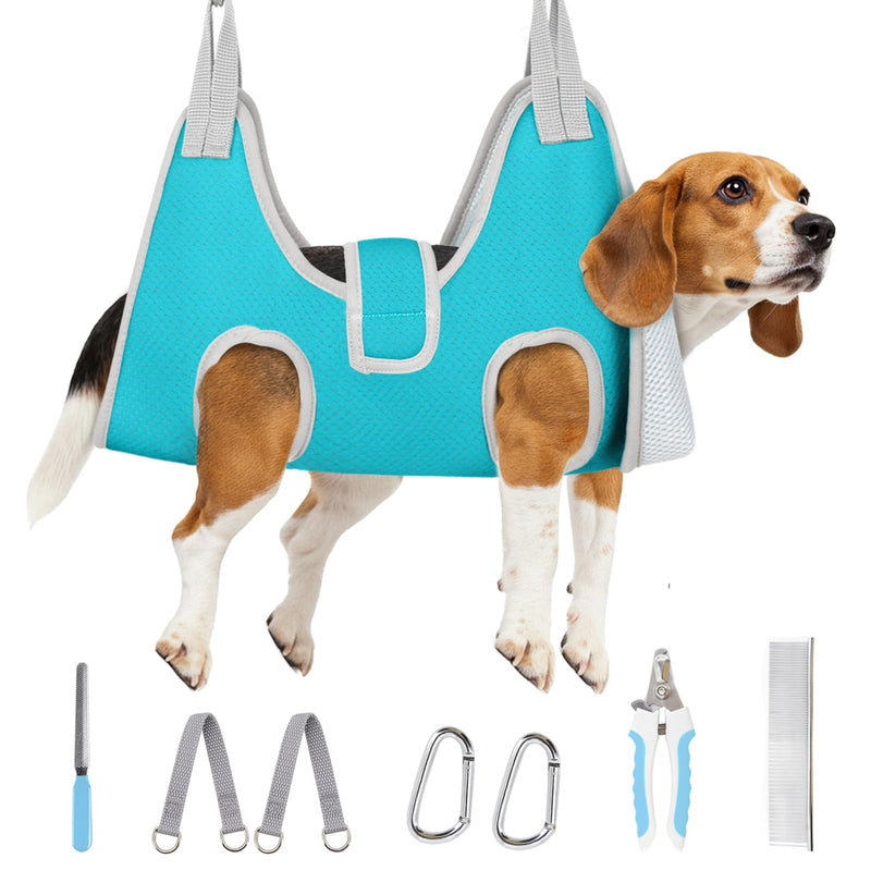 Supet Dog Grooming Hammock for Large Dogs, Dog Hanging Harness for Nail Trimming Doorframe, Pet Holder Restraint for Clipping Nails, Pet Hoist Sling for Cutting Nails at Home (Blue L) L（ Legs Spacing：10.2"-18.0" / Max W：60LBS） Blue - PawsPlanet Australia