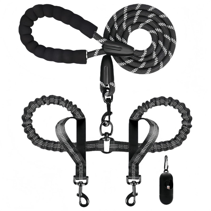 Dual Dog Leash for Two Dogs, 360° Swivel Tangle-Free Walking & Training, Heavy Duty 6FT Elastic Shock Absorbing Bungee, Fits Medium Large Dogs, Includes Dog Poop Bags, Black - PawsPlanet Australia