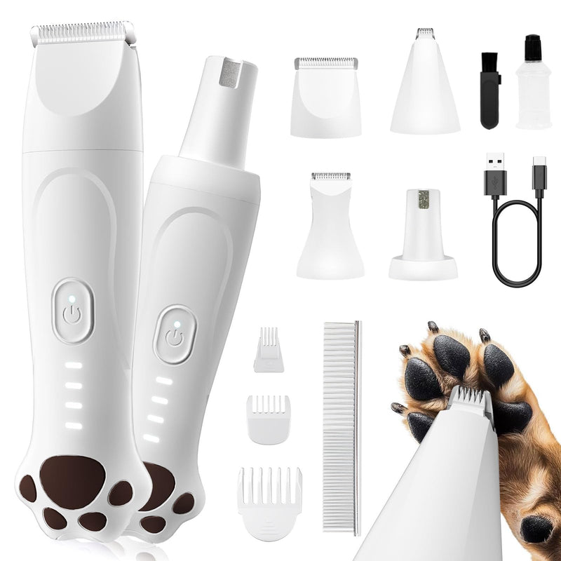 Dog Clippers for Grooming - 4-in-1 Dog Clippers Grooming Kit with Low Noise & IPX7 Waterproof Design Includes Comb Paw Trimmer Nail Grinder - Rechargeable & Cordless Dog paw Trimmer?White?