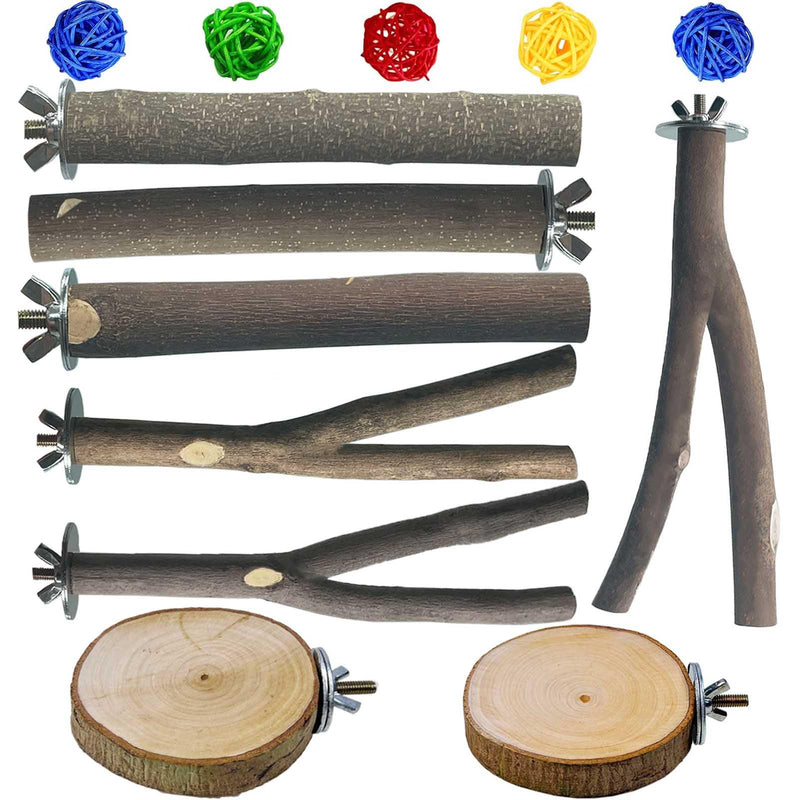 8 PCS Natural Wood Bird Perches Stand for Cage, 5 PCS Parrot Rattan Balls, Wooden Hanging Multi-Branch Perches Platform, Hammock Swing Toy for Parakeets, Budgies, Cockatiels, Conures, Macaws (13 PCS) - PawsPlanet Australia