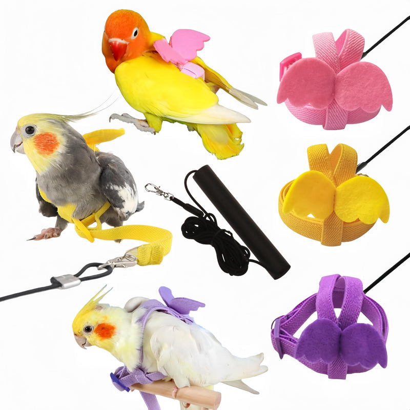 3 Sets Pet Parrot Bird Harness and Leash with Cute Wing, Adjustable Bird Flying Harness Straps Outdoor Training Traction Rope for Parrots Pigeons Lovebird Cockatiel(L,Pink, Yellow&Purple) Pink, Yellow&Purple L - PawsPlanet Australia