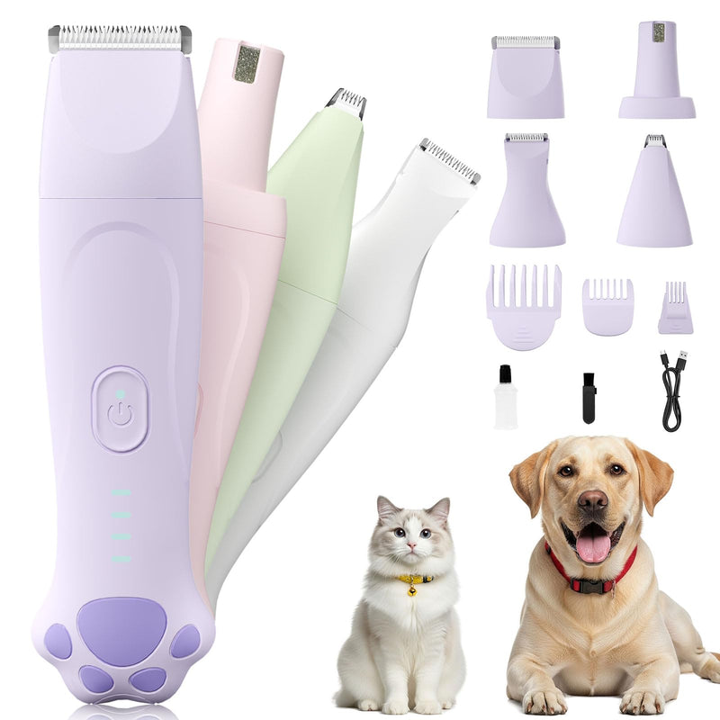 Dog Paw Trimmer - 4-in-1 Dog Clippers Grooming Kit with Low Noise & IPX7 Waterproof Design Includes Comb Paw Trimmer Nail Grinder - Rechargeable & Cordless Pet-Friendly Clipper (Purple) Lavender - PawsPlanet Australia
