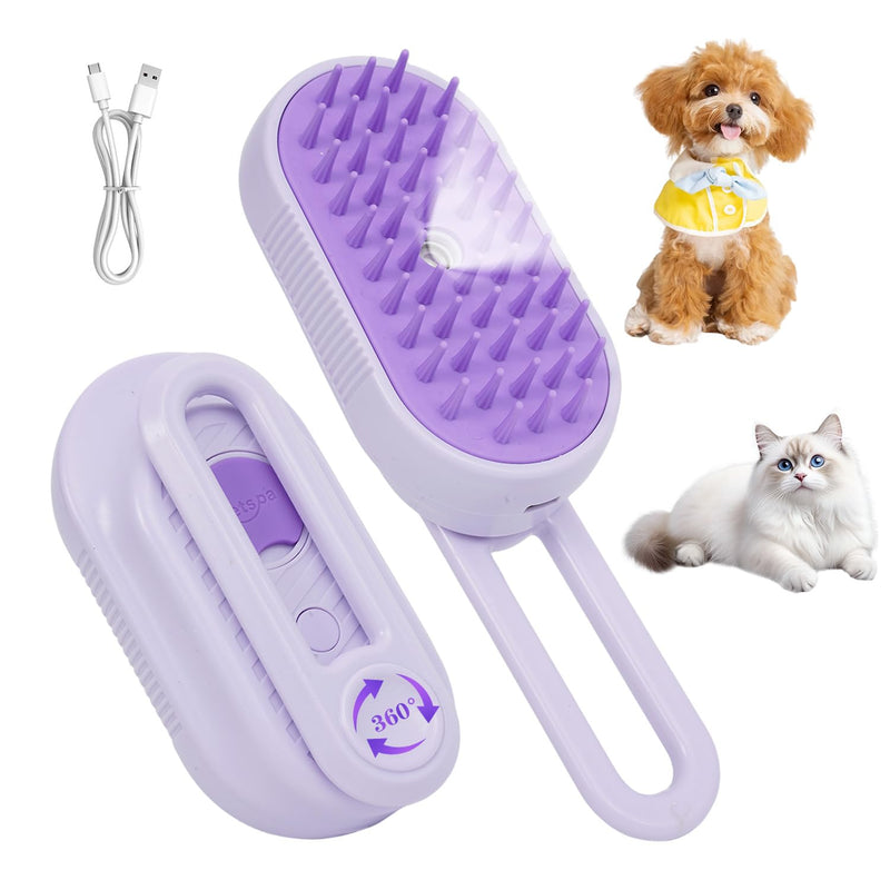 4-in-1 Rechargeable Anti-Dandruff Pet Steam Brush — brush for sheddingCats & Dogs,pet hair removal tool. Integrating functions of massage,clean, hair grooming and anti-static (purple) purple - PawsPlanet Australia