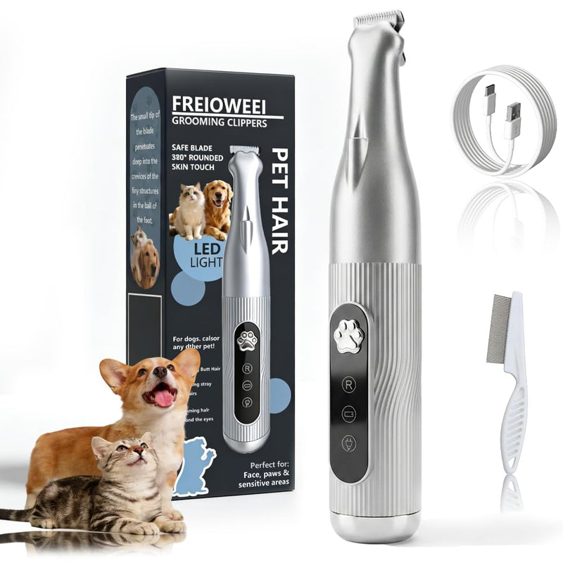 2026 New Dog Paw Trimmer with LED Light - Cordless Quiet Precision Groomer for Dogs & Cats, Low Noise Pet Shaver, IPX5 Waterproof, Effortless Trimming Paws Ears Eyes Butt, Includes Grooming Comb Silver - PawsPlanet Australia