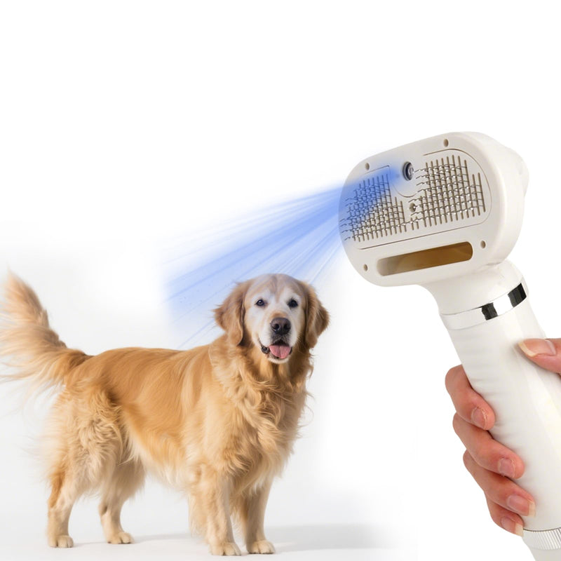 6 in 1 Dog Cat Steam Brush with Dryer - Pet Grooming Spray Brush for Shedding, Drying, Massaging, Deodorizing, Self-Cleaning - Includes Leave-In Pet Hair Care Solution - Easy to Use & Store Hide translation - PawsPlanet Australia