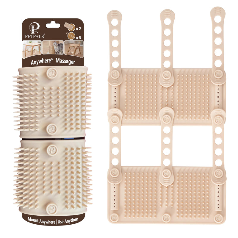 2Pcs PetPals Anywhere Cat Massager with Adjustable Bands and Soft Silicone Bristles, Fits Cat Trees, Furniture & More, Soothing, Easy-to-Clean Grooming Tool for Indoor Cats B-Beige - PawsPlanet Australia