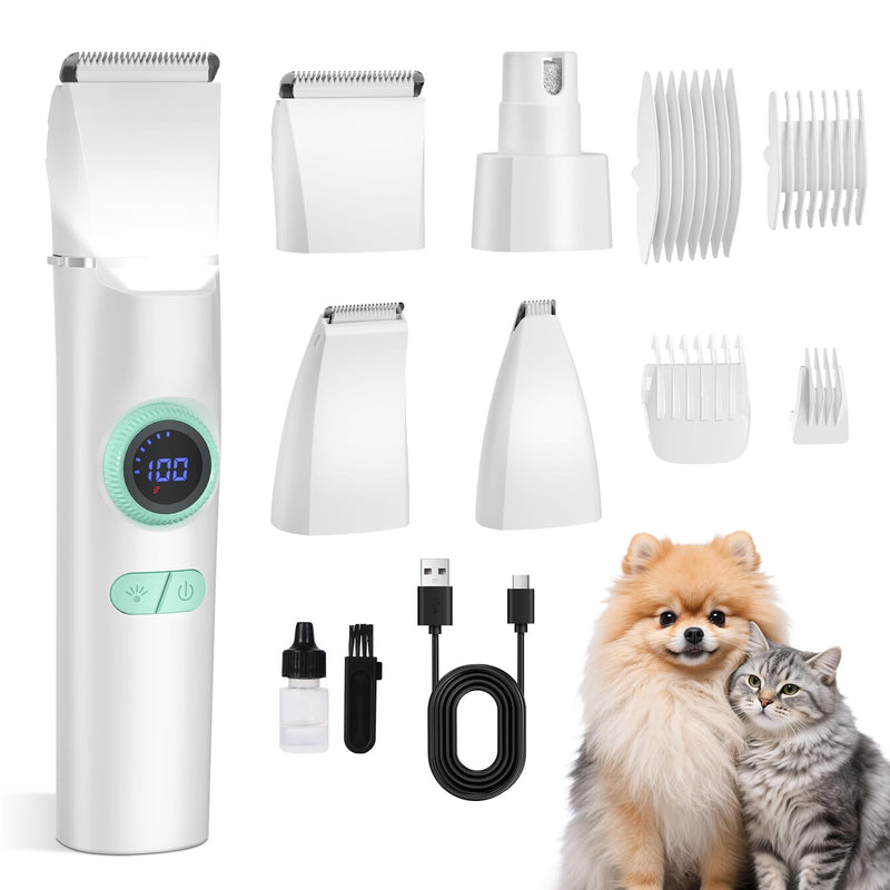 TBTeek Dog Clippers with LED Light, Cordless Dog Grooming Kit 5 in 1, Rechargeable Quiet Pet Clippers Paw Trimmer Nail Grinder for Body Face Ears Paw Nail
