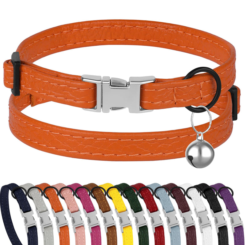 Leather Cat Collar with Buckle and Removable Bell - Non Breakaway Adjustable Soft Safety Small Pet Collars for Girl Boy Cats Kitten (Orange) Orange - PawsPlanet Australia