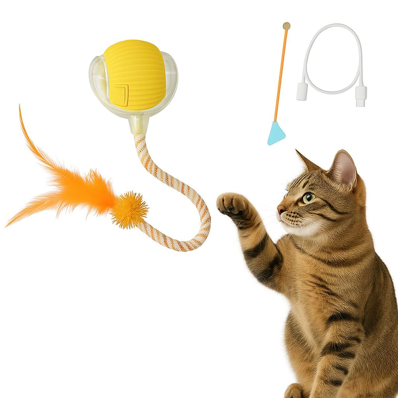 Automatic Cat Toy Ball – Rechargeable Cat Ball with Feather & Ribbon Tail – Light-Up Effects – Smart Rolling Indoor Cat Toys – Dual Speeds – Interactive Cat Toys for Kittens Yellow - PawsPlanet Australia