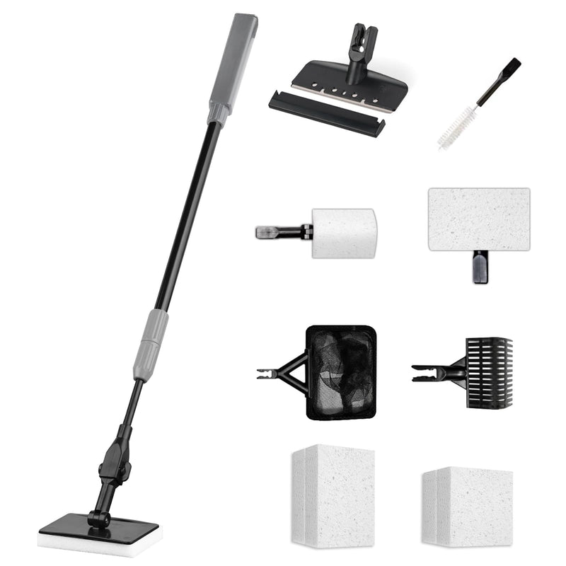 Aquarium Cleaning Tools 6 in 1, Fish Tank Cleaning Kit for 20-160 Gallon Acrylic & Glass Tank with Telescopic Long Handle, Algae Scraper, Scrubber Pads, Tube Cleaner, Fish net, Gravel Rake - PawsPlanet Australia